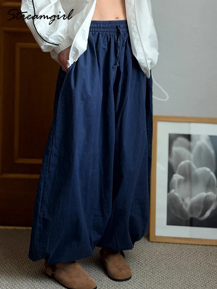 Summer Cotton Oversized Pants For Women Blue Baggy Aladdin Trousers Elastic Bloomers Navy Blue Cropped Lantern Harem Pants Woman