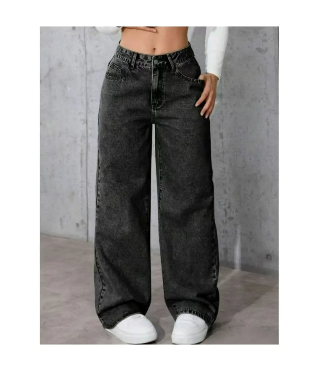 Women's Classic Wide Leg Stretch Jeans with Button  Soft Comfortable Autumn Winter Vintage Wash Stylish Jeans High Street Pants