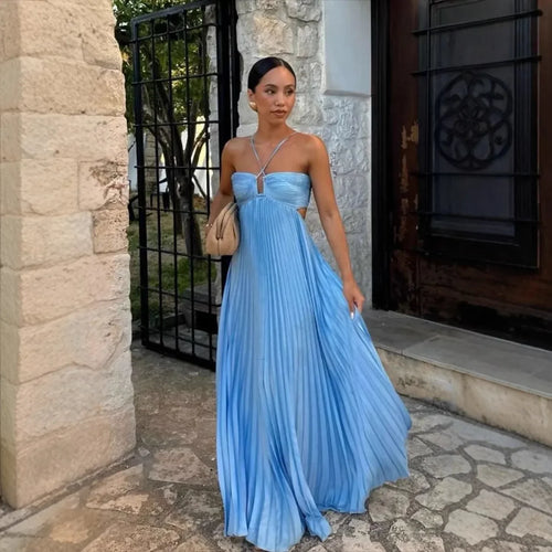 2026 New Women's Fashionable and Elegant Summer Camisole Beach Vacation Long Dress Elegant Backless Pleated Long Dress
