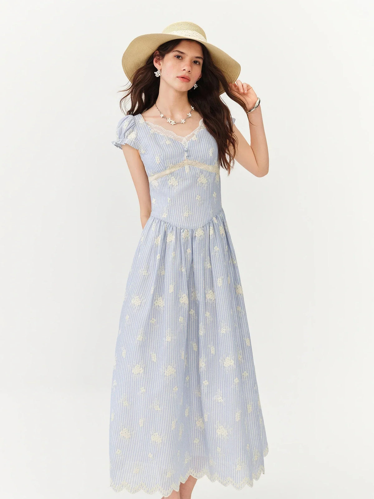2026 Summer Cotton Gauze Blue Stripe Floral Embroidery Midi Dress French Farmhouse A-line Flowy Shift Coastal Cottagecore