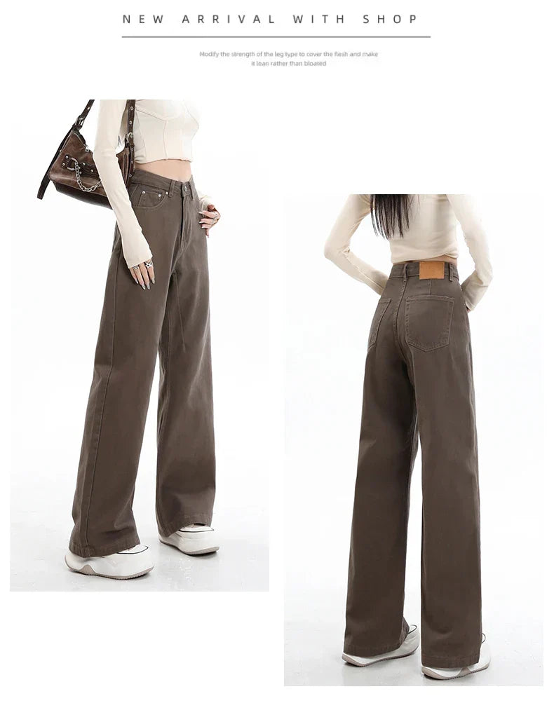 Baggy High Street Fashion Straight brown Jeans for Women's Y2k High Waist Female Clothing Solid Color Casual Wide Denim Trousers