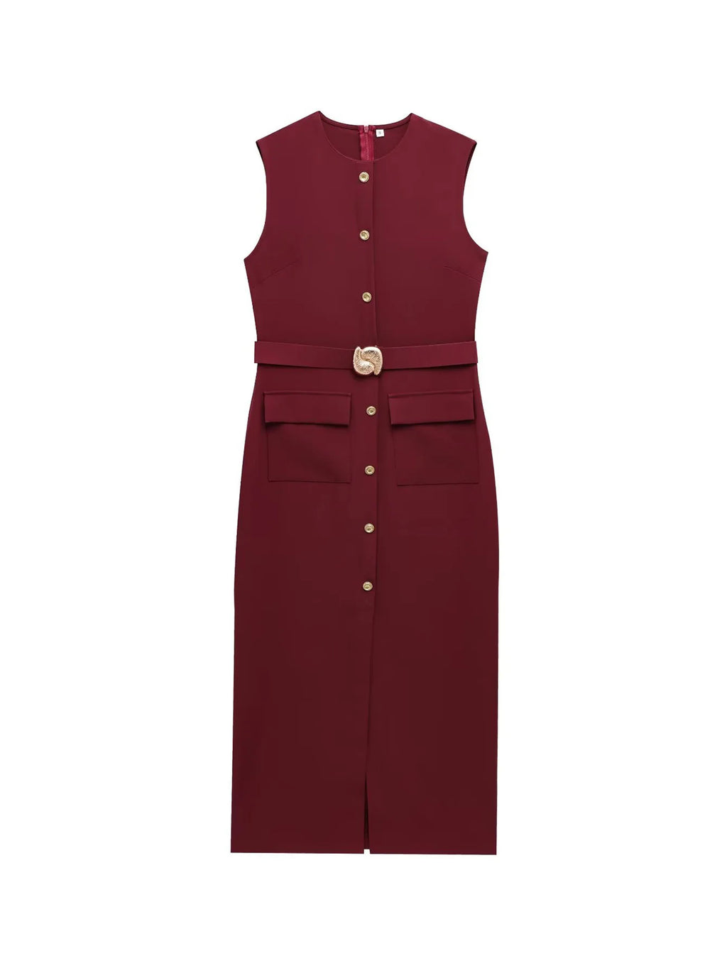 Female Summer Elegant Midi Dress O-Neck Hem Slit With Belt Sleeveless Single Breasted Back Zipper Fashion Long Dress