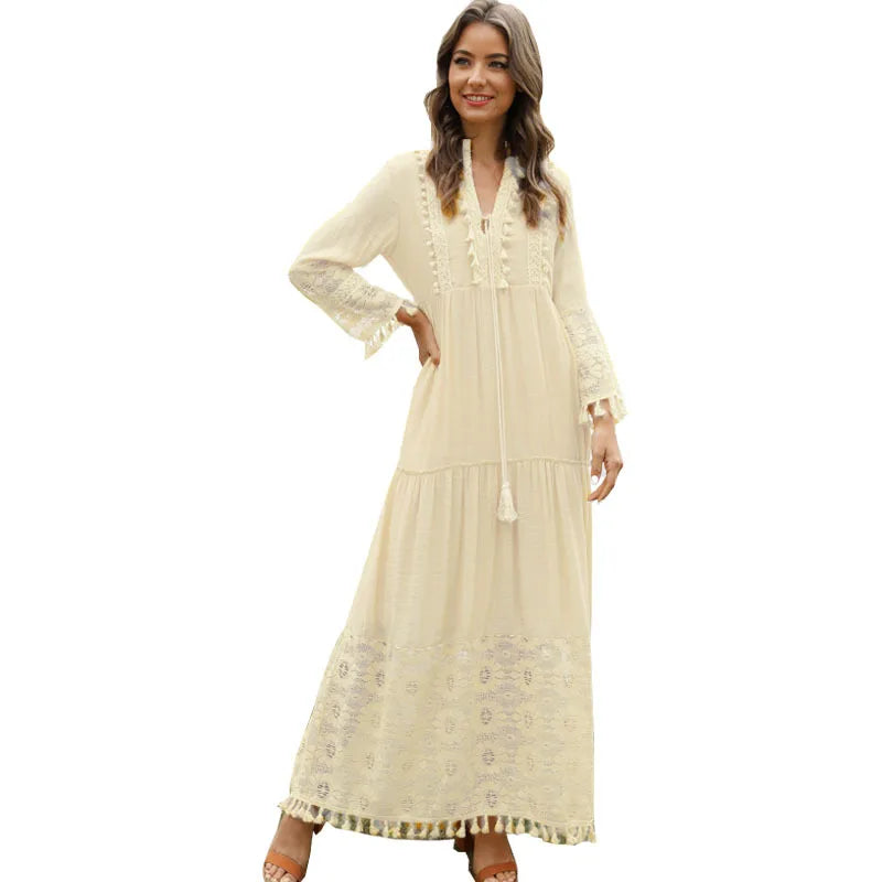 Ladies Bohemian V-Neck Tassel Large Size Casual Dress Women Lace Solid Fashion Dress Elegant Robe Boho Holiday Long Dress