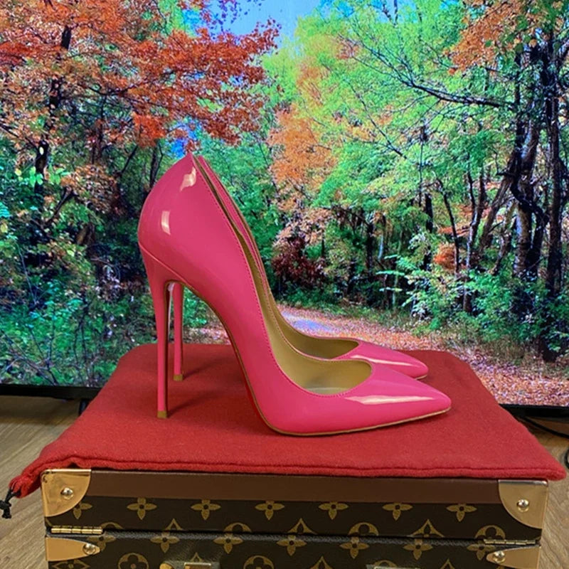 Multi color customized 12cm super high heels, nude white patent leather, sexy red sole, pointed thin single order shoes