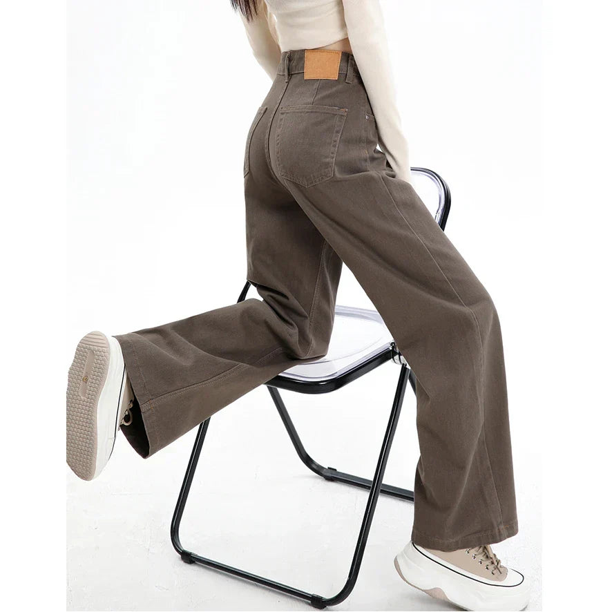 Baggy High Street Fashion Straight brown Jeans for Women's Y2k High Waist Female Clothing Solid Color Casual Wide Denim Trousers