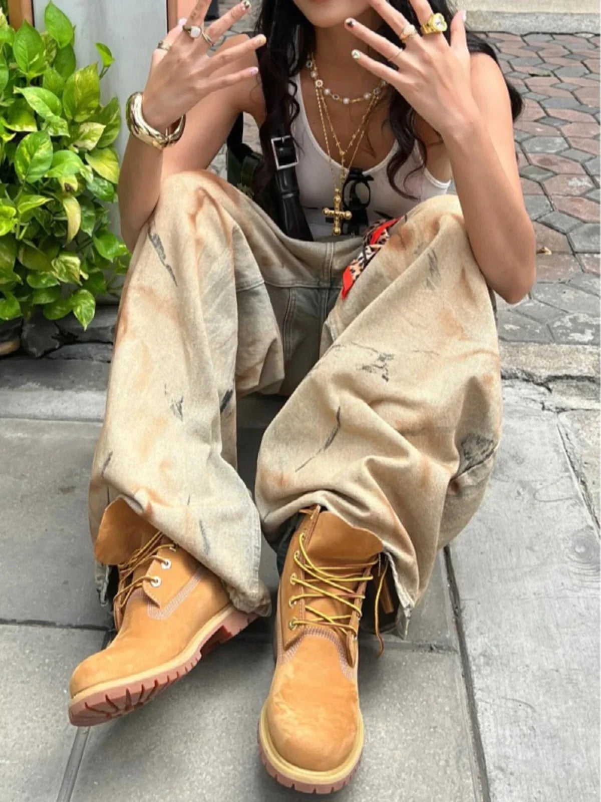 American High Street Aalyptic Sle Dyed Jeans Women's plus Size Dir Sexy Girl Vintage Waed Floor-Length Pants