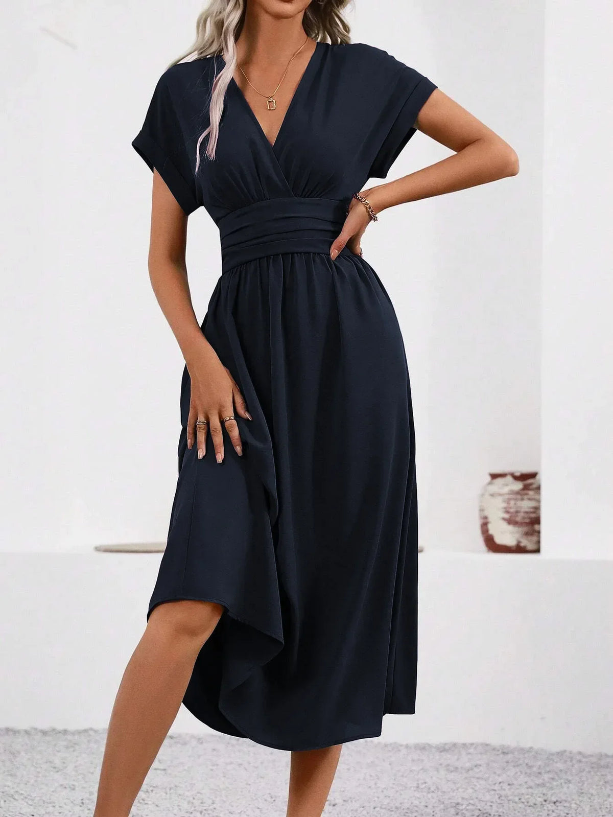 Dresses 2027 Woman Summer Solid-Color V-Neck Batwing-Sleeve Pleated Long Elegant Dress Woman Clothing Tops Skirts Y2k Clothes