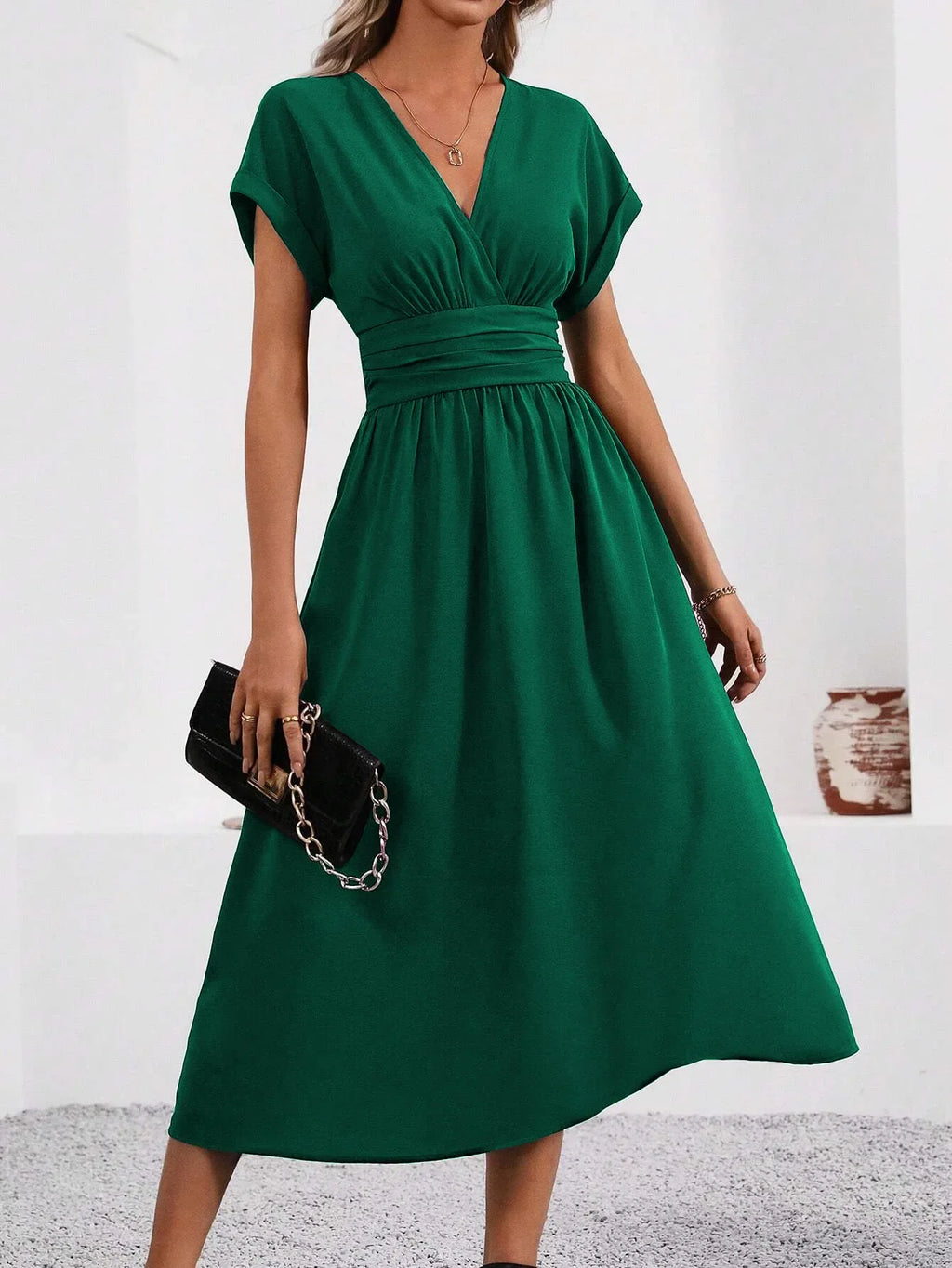 Dresses 2027 Woman Summer Solid-Color V-Neck Batwing-Sleeve Pleated Long Elegant Dress Woman Clothing Tops Skirts Y2k Clothes