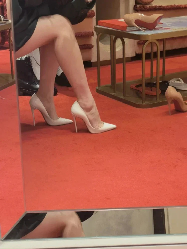 Multi color customized 12cm super high heels, nude white patent leather, sexy red sole, pointed thin single order shoes