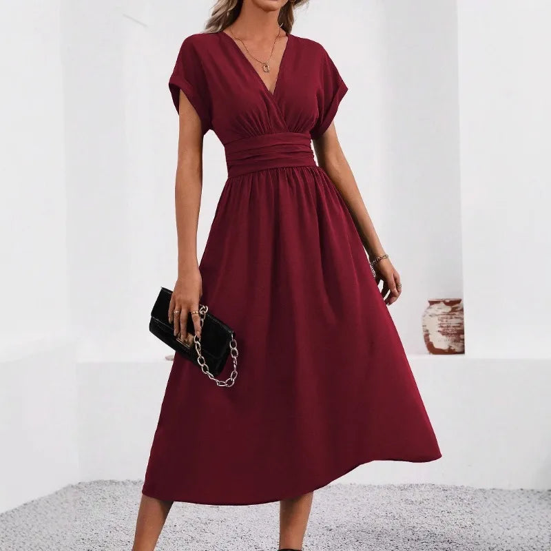 Dresses 2027 Woman Summer Solid-Color V-Neck Batwing-Sleeve Pleated Long Elegant Dress Woman Clothing Tops Skirts Y2k Clothes
