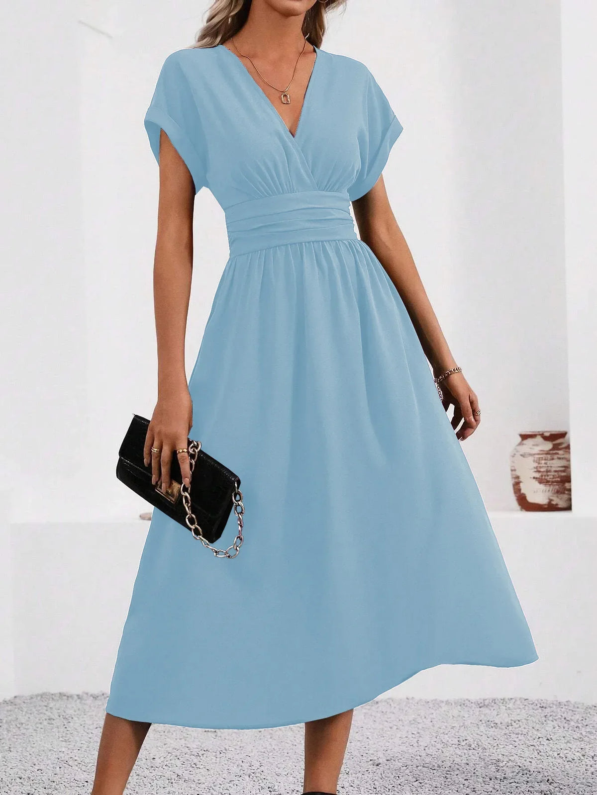 Dresses 2027 Woman Summer Solid-Color V-Neck Batwing-Sleeve Pleated Long Elegant Dress Woman Clothing Tops Skirts Y2k Clothes