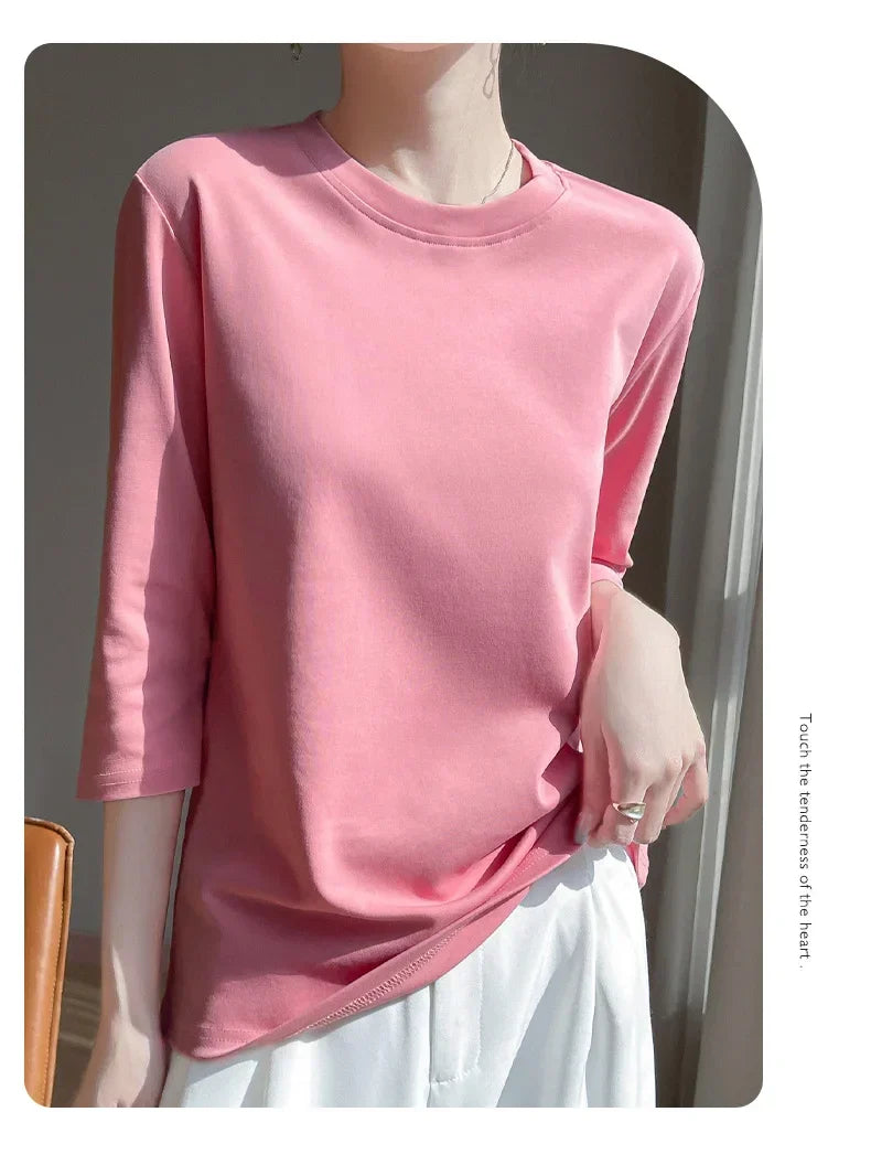 Mercerized Cotton Cropped Sleeve Female Spring And Summer 2023 New Round Neck Loose 100% Cotton Short Sleeve Bottoming T-Shirt