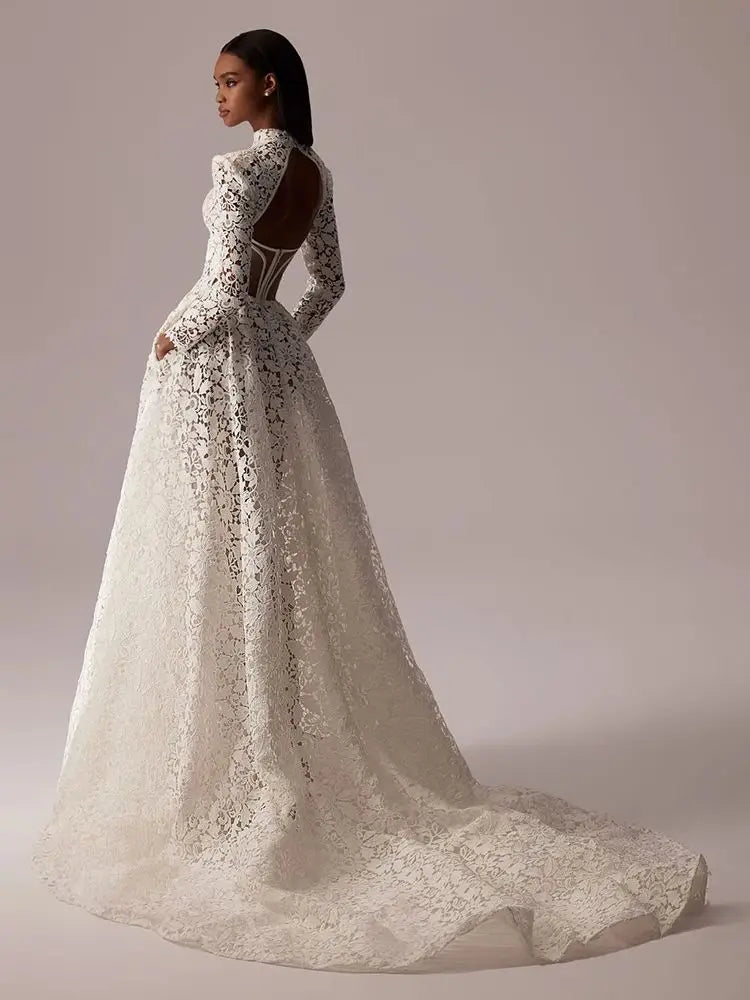 Customized Exquisite Wedding Dresses Lace High Collar Bridal Gown Long Sleeves Wedding Gown Back Out Robe de mariée 2024 Cut Out