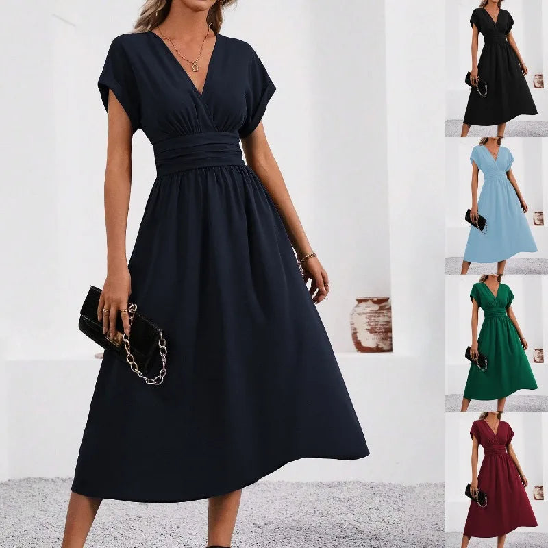 Dresses 2027 Woman Summer Solid-Color V-Neck Batwing-Sleeve Pleated Long Elegant Dress Woman Clothing Tops Skirts Y2k Clothes