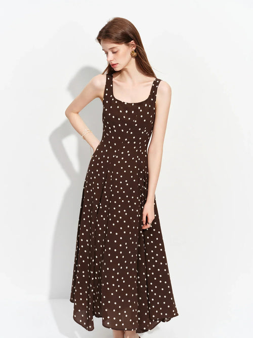 2026 Summer Women's Square Neck A-Line Midi Dress, Sleeveless Waist-Cinching Flowy Maxi for Minimalist Quiet Luxury Style