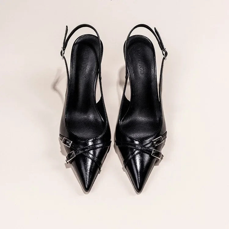 Fashionable Pointed Toe Shallow Mouth New High-heeled Shoes Summer Elegant Buckle Decorated Stiletto Black Women's Shoes NO:602