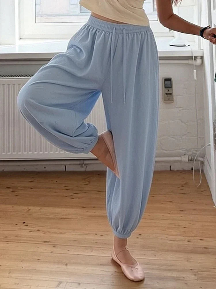 Summer Cotton Oversized Pants For Women Blue Baggy Aladdin Trousers Elastic Bloomers Navy Blue Cropped Lantern Harem Pants Woman