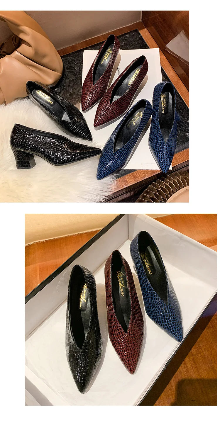 Vintage black Soft Leather Shallow Pointed Toe Thick Heel Women's Flats 2024 New Spring Summer High Heel Versatile High Shoes