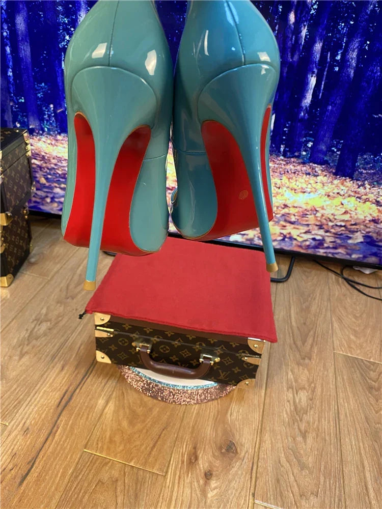 Multi color customized 12cm super high heels, nude white patent leather, sexy red sole, pointed thin single order shoes