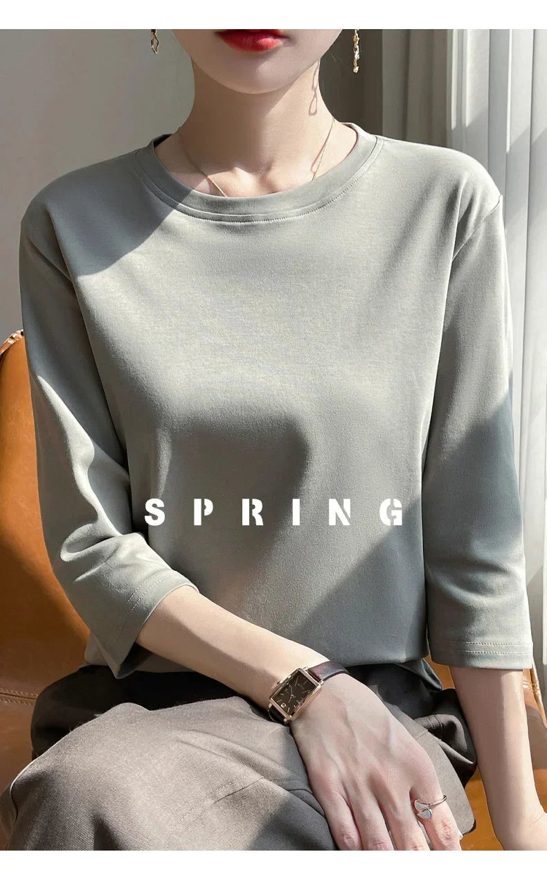 Mercerized Cotton Cropped Sleeve Female Spring And Summer 2023 New Round Neck Loose 100% Cotton Short Sleeve Bottoming T-Shirt
