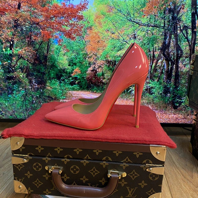 Multi color customized 12cm super high heels, nude white patent leather, sexy red sole, pointed thin single order shoes