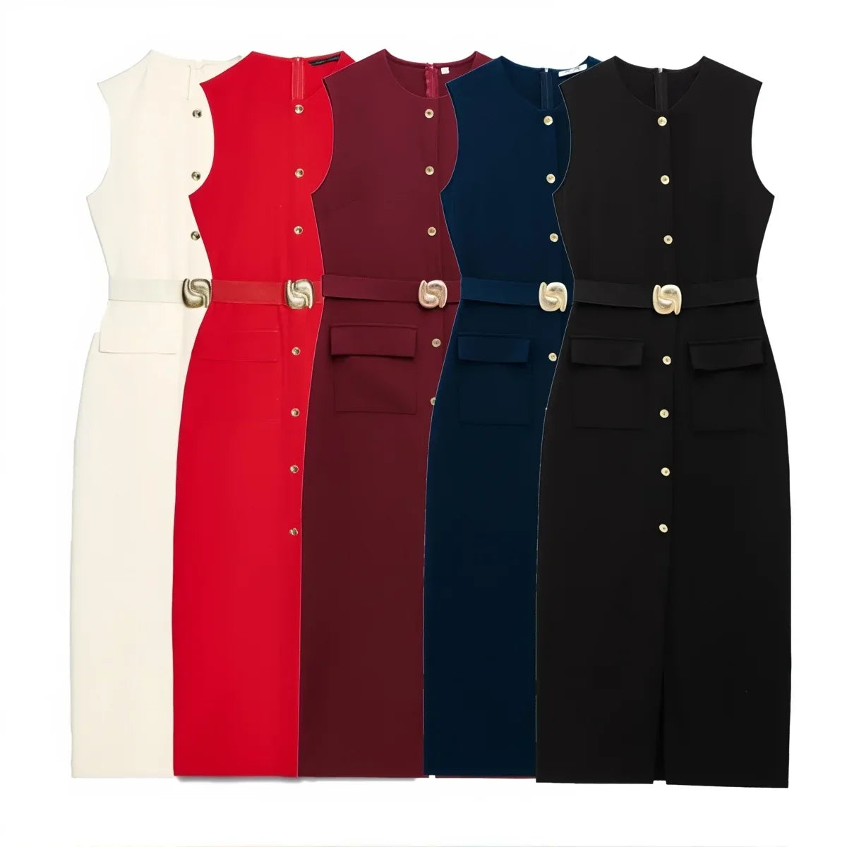 Female Summer Elegant Midi Dress O-Neck Hem Slit With Belt Sleeveless Single Breasted Back Zipper Fashion Long Dress