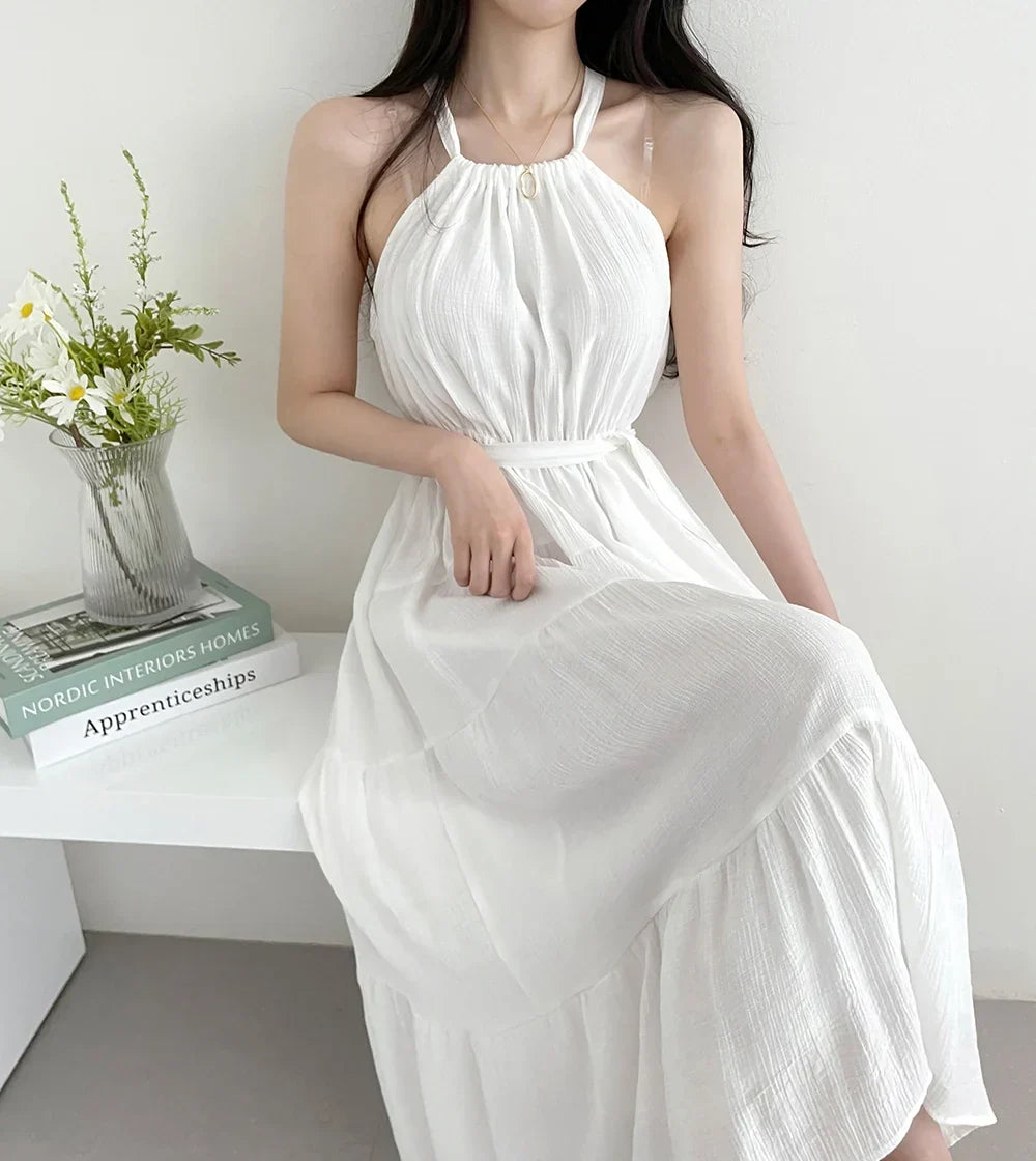 Korean Style Summer Slimming Necktie Waist Cinched Sleeveless Vest Long Dress Women's Fashionable Commute Style Inner Wear