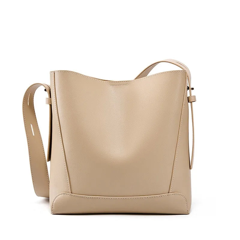 New 2026 TrendyTwo Layer Cow Leather Shopper Shoulder Bag Commuter Large Bucket Handbag Simple High Quality Women Tote Bag