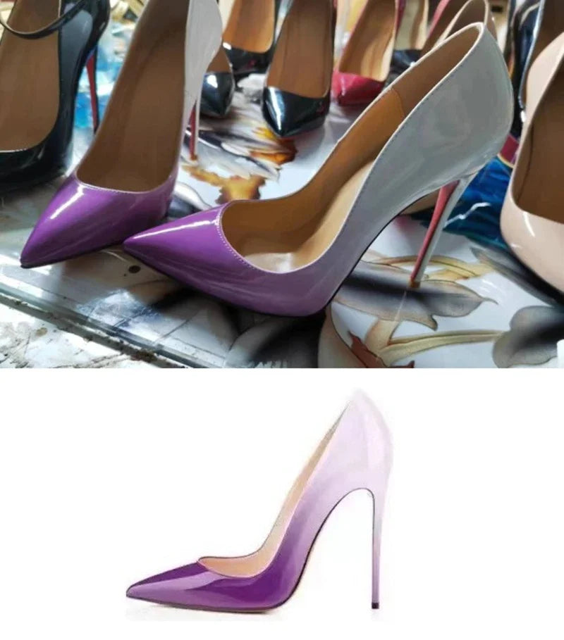 Multi color customized 12cm super high heels, nude white patent leather, sexy red sole, pointed thin single order shoes