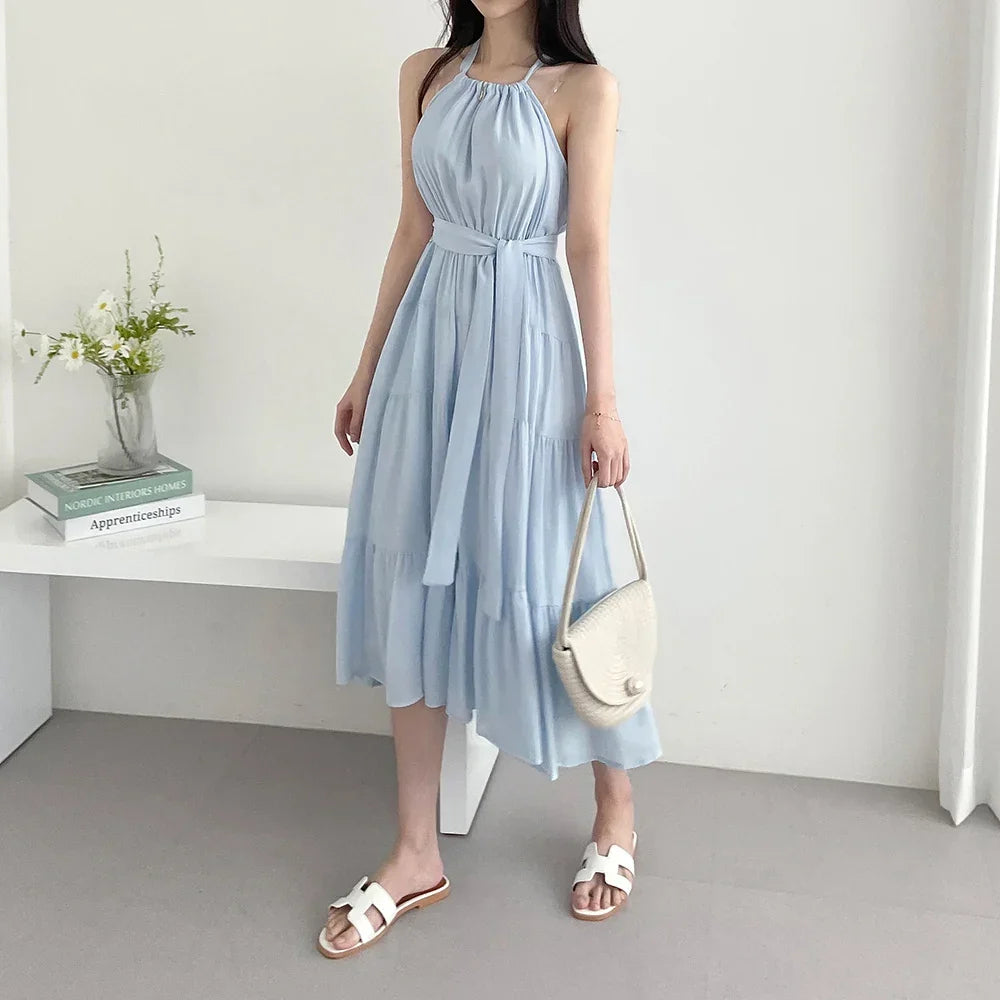 Korean Style Summer Slimming Necktie Waist Cinched Sleeveless Vest Long Dress Women's Fashionable Commute Style Inner Wear