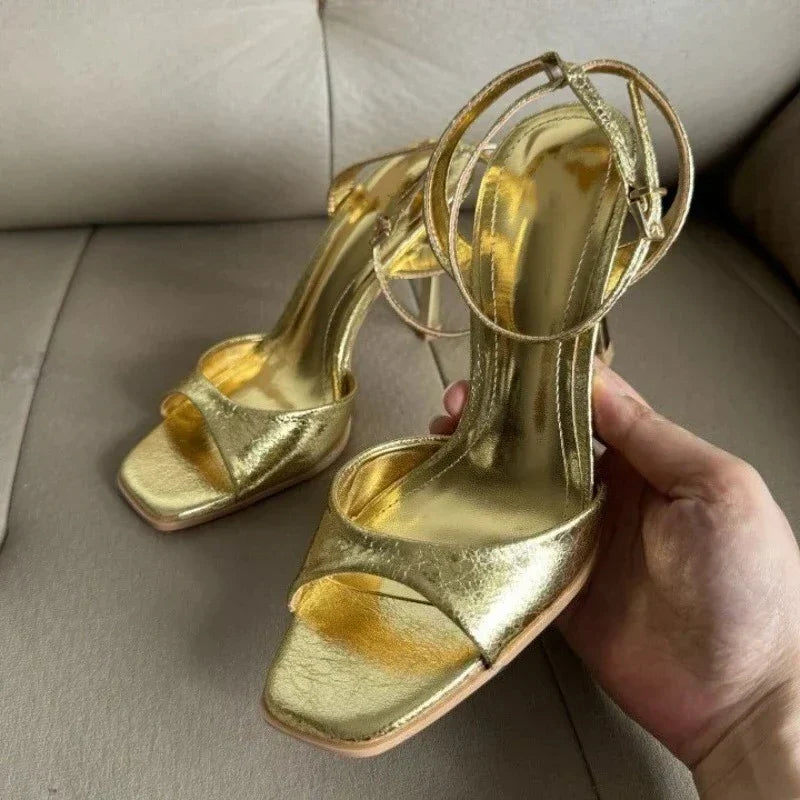 Gold Patent Leather Ankle Buckle High Heeled Sandals Women Sexy Square Toe Open Toe High Heels Summer Fashion Party Office Shoes