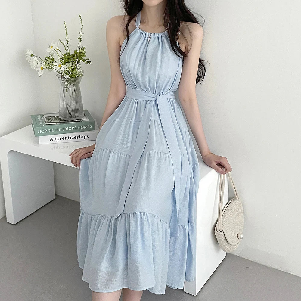 Korean Style Summer Slimming Necktie Waist Cinched Sleeveless Vest Long Dress Women's Fashionable Commute Style Inner Wear