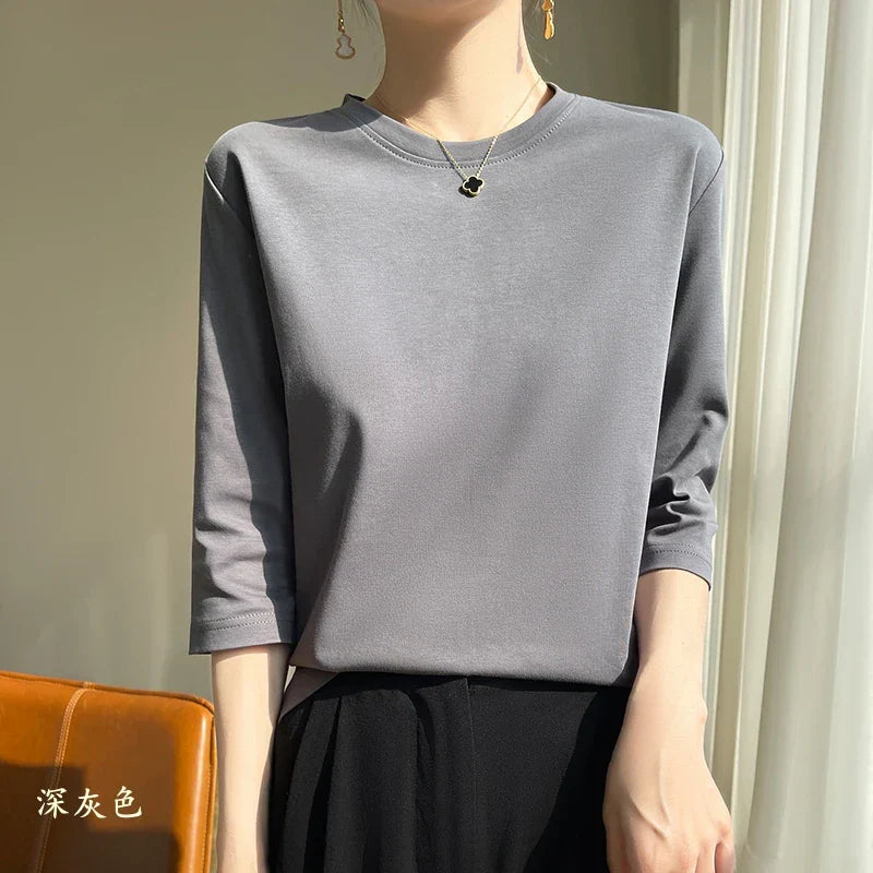 Mercerized Cotton Cropped Sleeve Female Spring And Summer 2023 New Round Neck Loose 100% Cotton Short Sleeve Bottoming T-Shirt