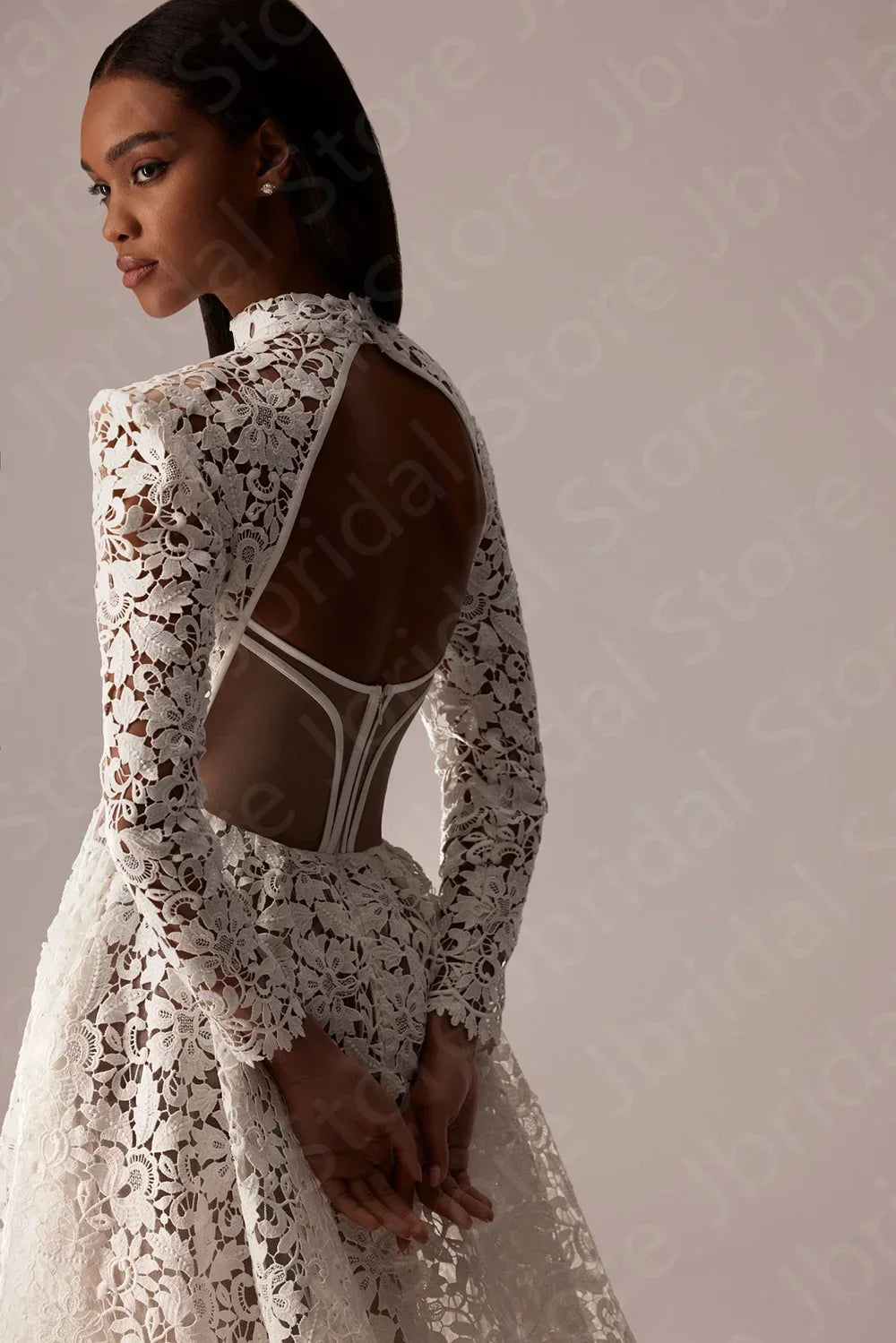 Customized Exquisite Wedding Dresses Lace High Collar Bridal Gown Long Sleeves Wedding Gown Back Out Robe de mariée 2024 Cut Out
