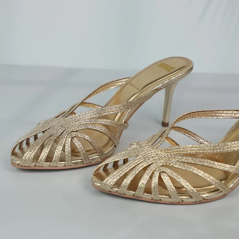 New Gold Hollow Thin Strip Heels for Women Luxury Pointed Toe Heeled Pumps Office Lady Mules Summer Stiletto Shoe Sandals 2025