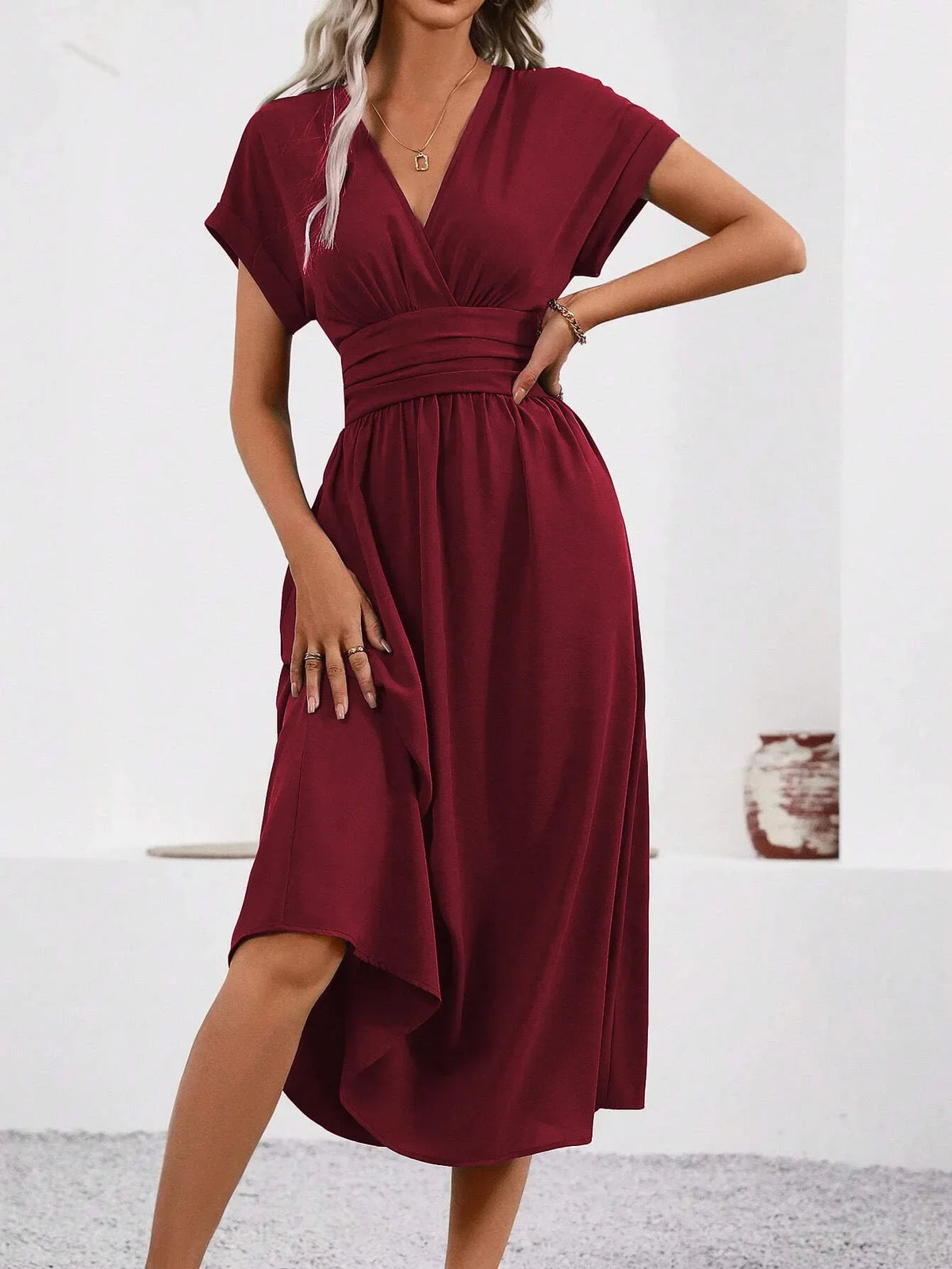 Dresses 2027 Woman Summer Solid-Color V-Neck Batwing-Sleeve Pleated Long Elegant Dress Woman Clothing Tops Skirts Y2k Clothes