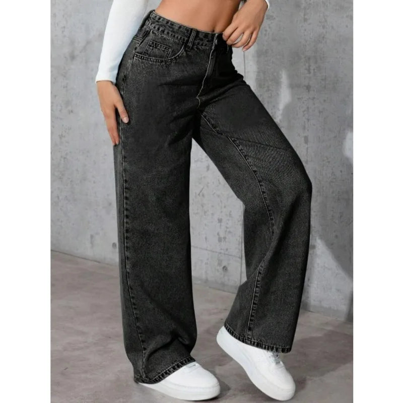 Women's Classic Wide Leg Stretch Jeans with Button  Soft Comfortable Autumn Winter Vintage Wash Stylish Jeans High Street Pants