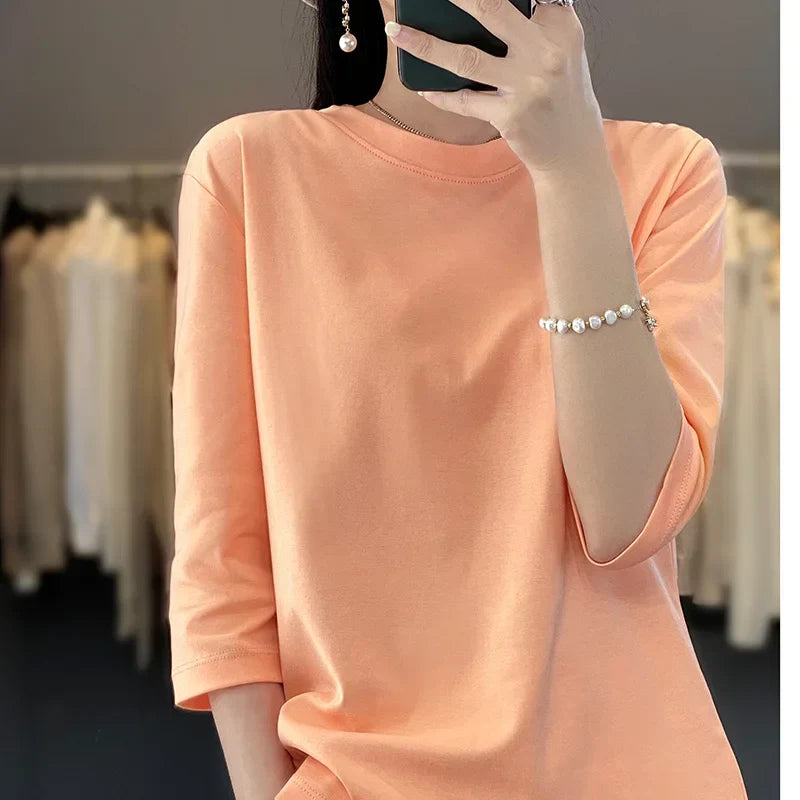Mercerized Cotton Cropped Sleeve Female Spring And Summer 2023 New Round Neck Loose 100% Cotton Short Sleeve Bottoming T-Shirt