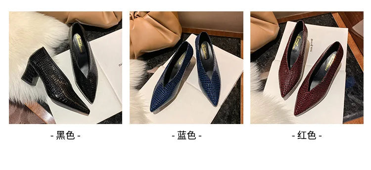 Vintage black Soft Leather Shallow Pointed Toe Thick Heel Women's Flats 2024 New Spring Summer High Heel Versatile High Shoes