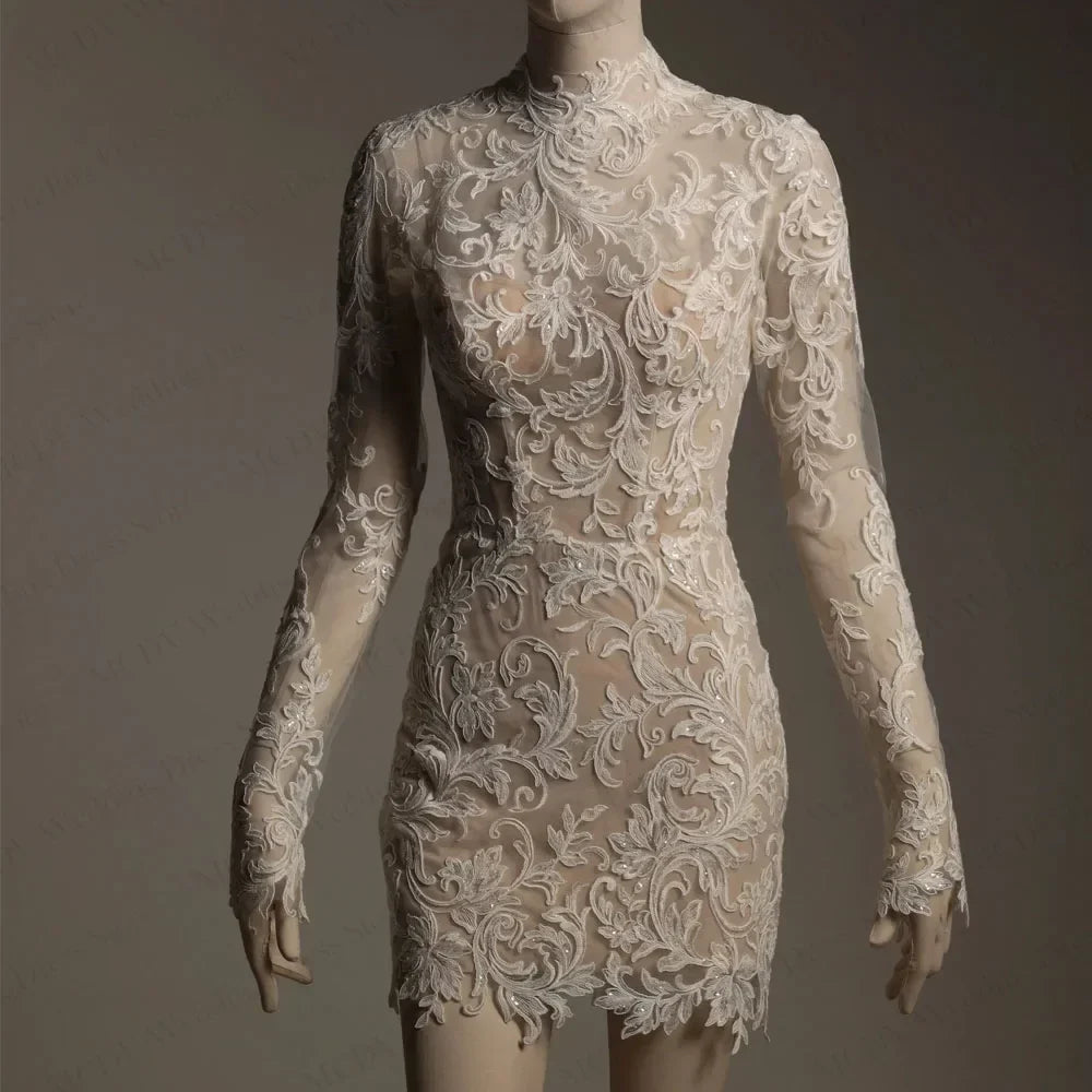Civil Lace Wedding Dresses Appliques High Neck Mini Bride Party Gown Above Knee Customized Reception Dresses For Weddings