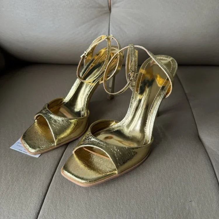 Gold Patent Leather Ankle Buckle High Heeled Sandals Women Sexy Square Toe Open Toe High Heels Summer Fashion Party Office Shoes