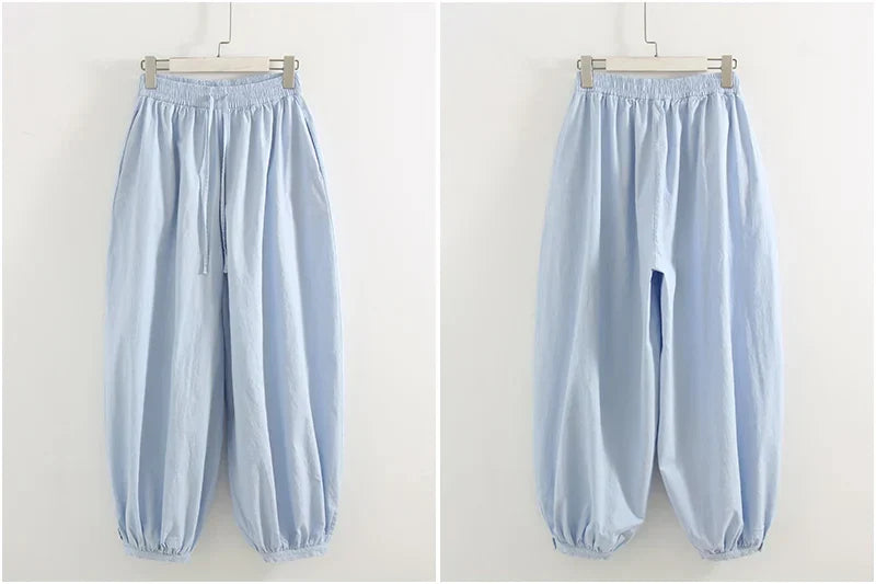 Summer Cotton Oversized Pants For Women Blue Baggy Aladdin Trousers Elastic Bloomers Navy Blue Cropped Lantern Harem Pants Woman