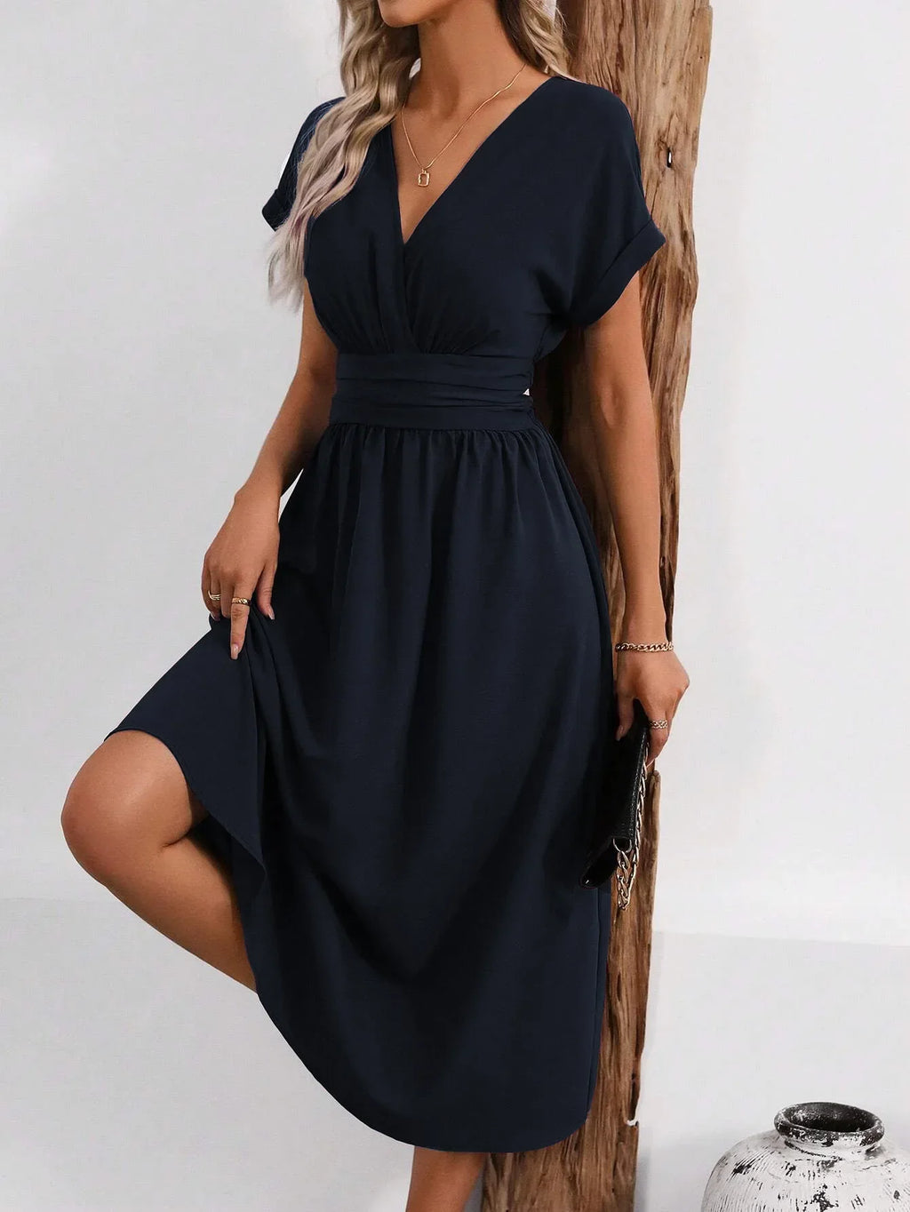 Dresses 2027 Woman Summer Solid-Color V-Neck Batwing-Sleeve Pleated Long Elegant Dress Woman Clothing Tops Skirts Y2k Clothes