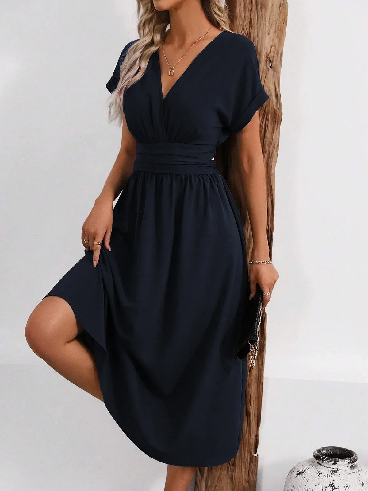 Dresses 2027 Woman Summer Solid-Color V-Neck Batwing-Sleeve Pleated Long Elegant Dress Woman Clothing Tops Skirts Y2k Clothes