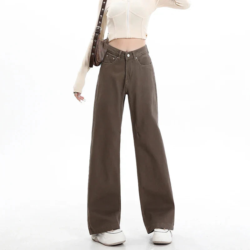 Baggy High Street Fashion Straight brown Jeans for Women's Y2k High Waist Female Clothing Solid Color Casual Wide Denim Trousers