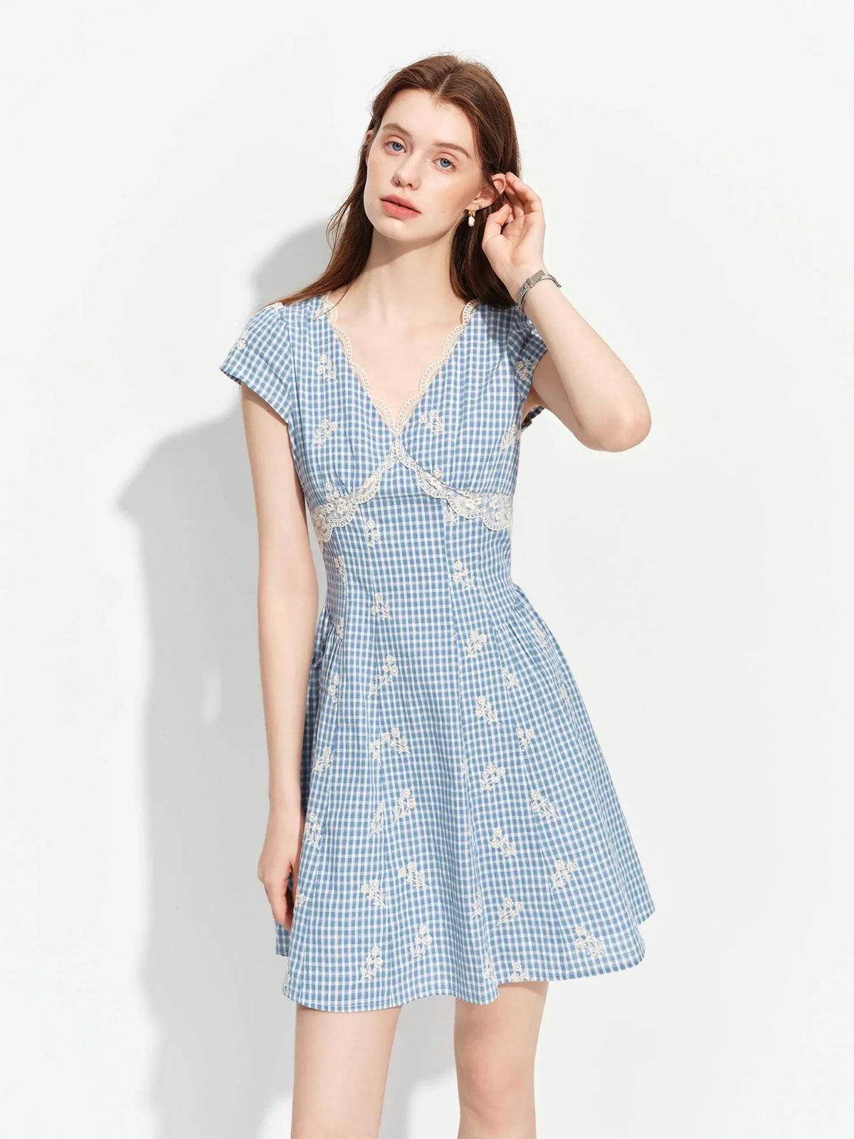 Women's 2026 Summer New Arrival French Pastoral Style V-Neck Lace Spliced Embroidered Dress Openwork Floral Plaid Pattern