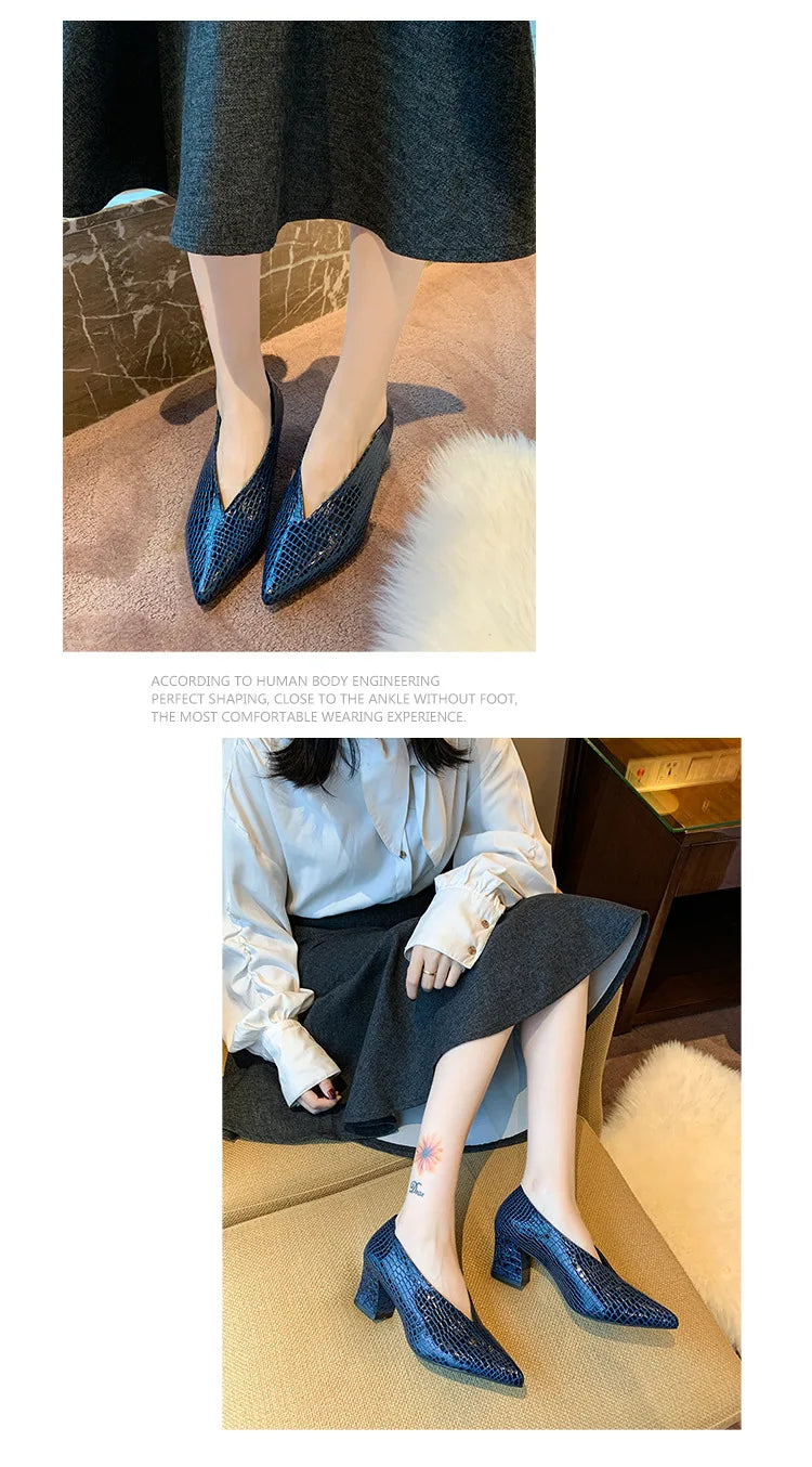 Vintage black Soft Leather Shallow Pointed Toe Thick Heel Women's Flats 2024 New Spring Summer High Heel Versatile High Shoes