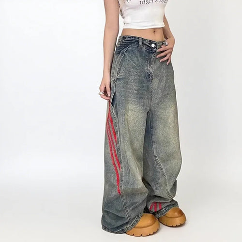 Autumn And Winter Korean Fashion Women'S Straight Leg Jeans With Side Stripes Wide Leg Pants Casual Pants Blue Jeans