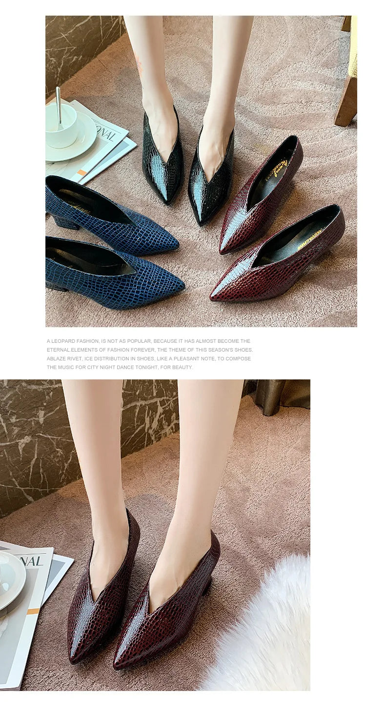 Vintage black Soft Leather Shallow Pointed Toe Thick Heel Women's Flats 2024 New Spring Summer High Heel Versatile High Shoes