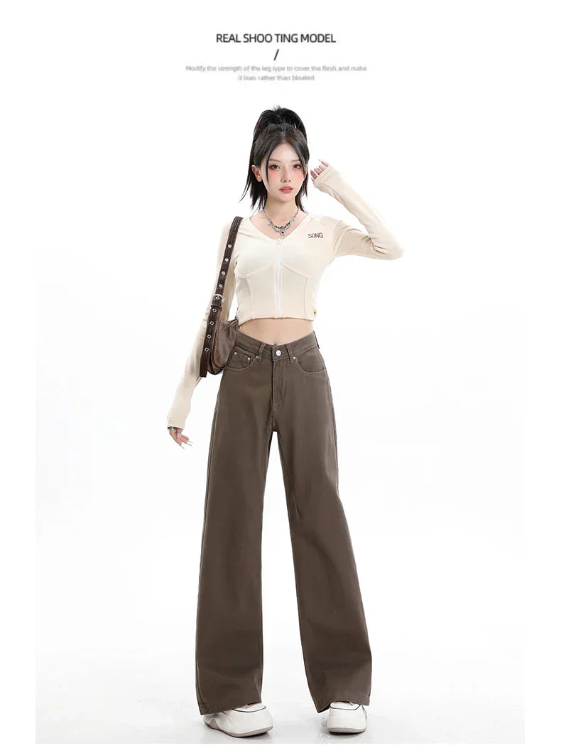 Baggy High Street Fashion Straight brown Jeans for Women's Y2k High Waist Female Clothing Solid Color Casual Wide Denim Trousers